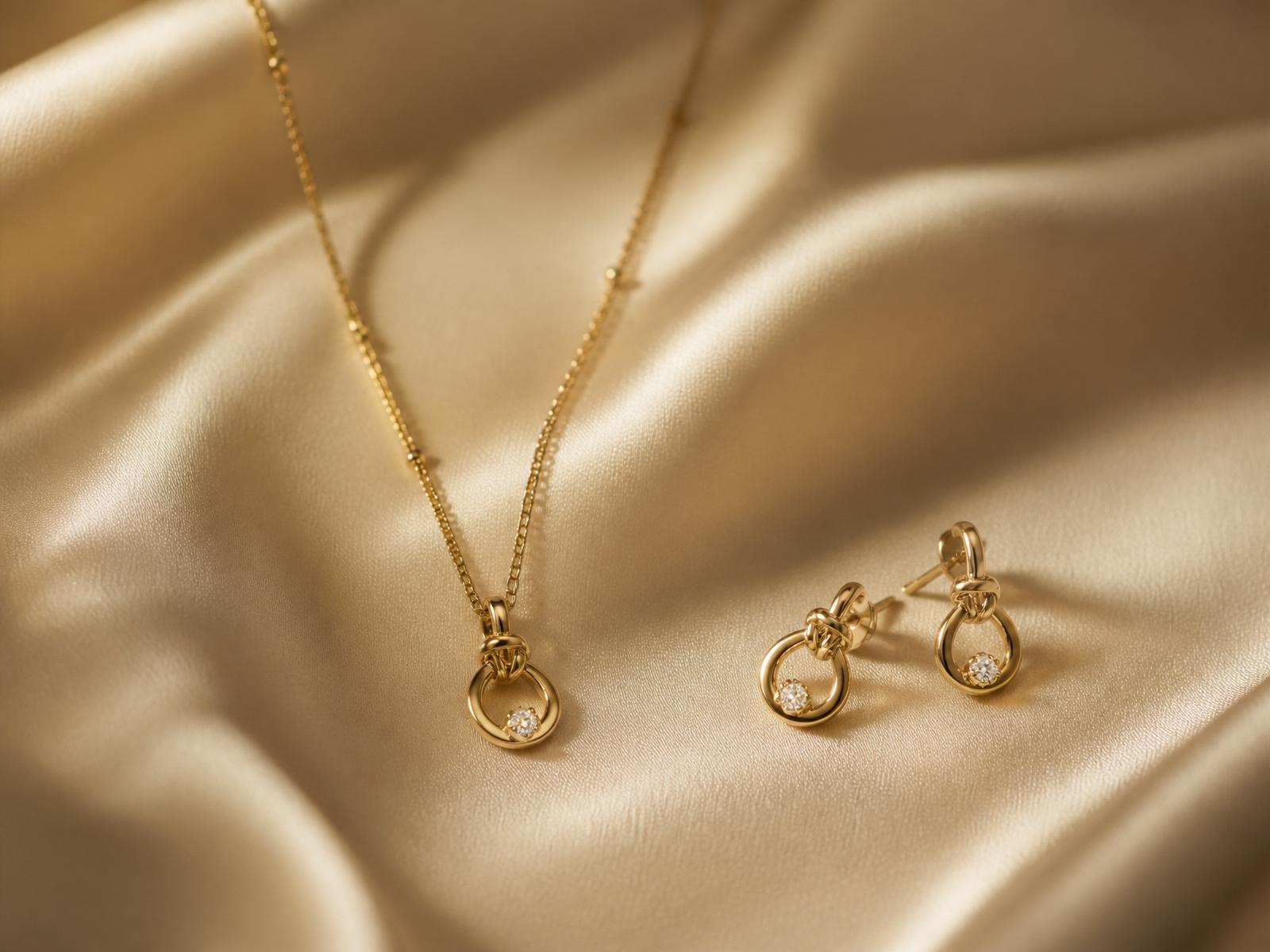 Colar e brincos em ouro sobre seda